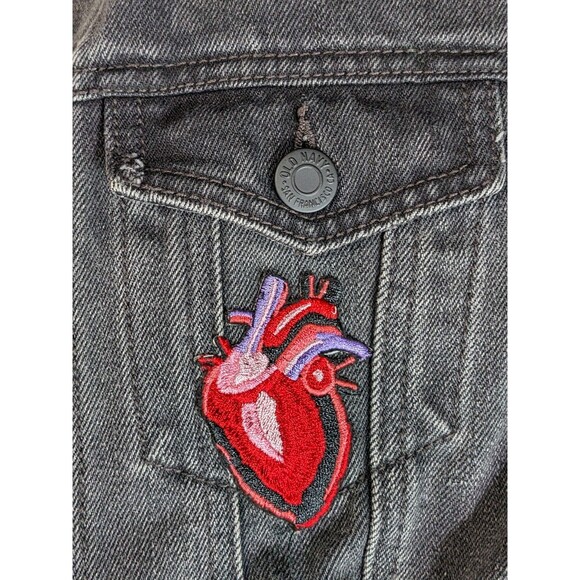 Embroidered Patch Denim Jacket Women’s Size S Old Navy Black Skull Pisces Custom - Picture 5 of 14